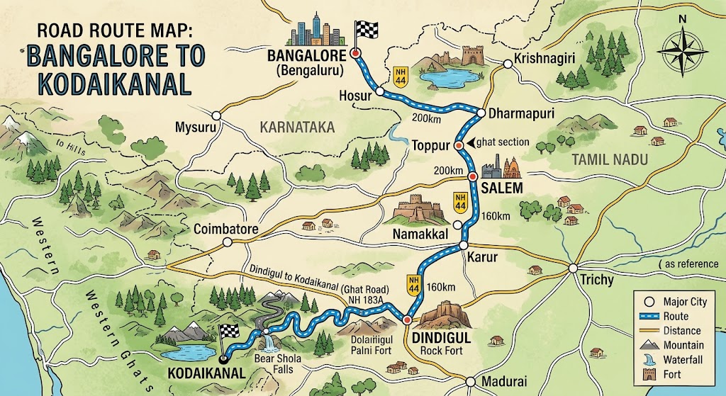 Bangalore to Kodaikanal road route map via Salem and Dindigul