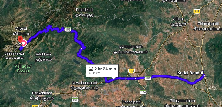 Kodaikanal to Kodai Road bus route map, 78.6 km distance