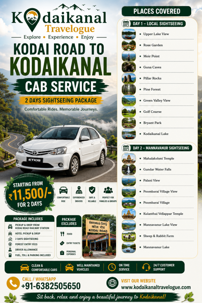 Kodai road to kodaikanal 2 days cab services