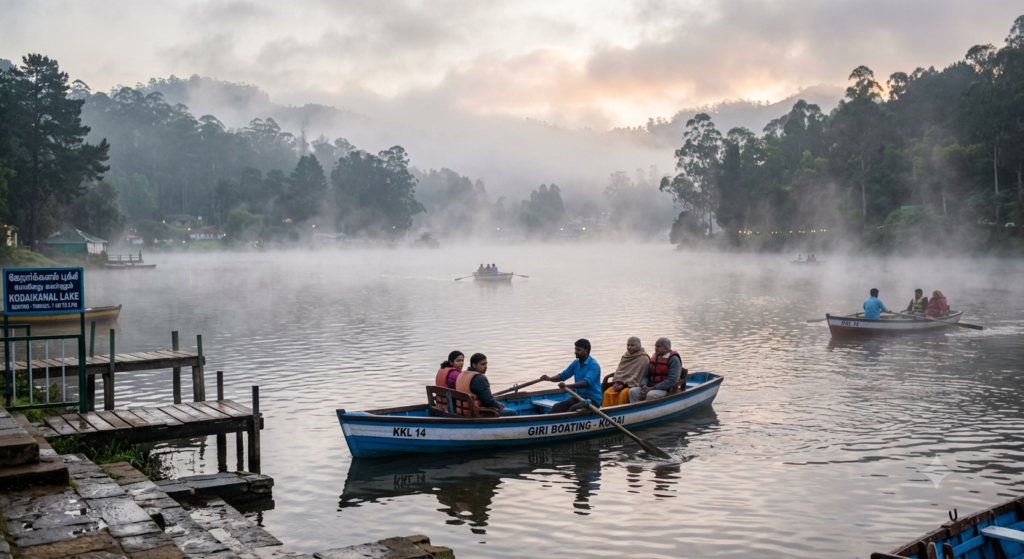 Kodaikanal Lake boating with morning mist, Tamil Nadu