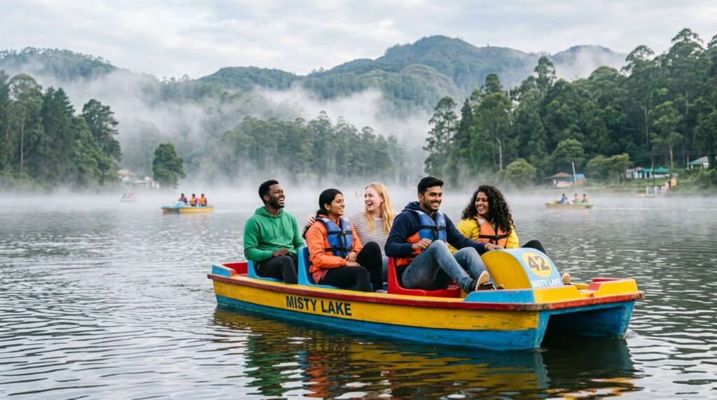 Friends group boating on Kodaikanal Lake in September