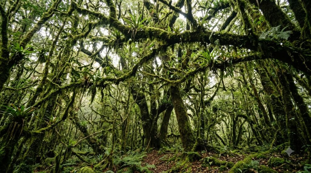 Dense moss-covered canopy inside Mathikettan Solai, Kodaikanal