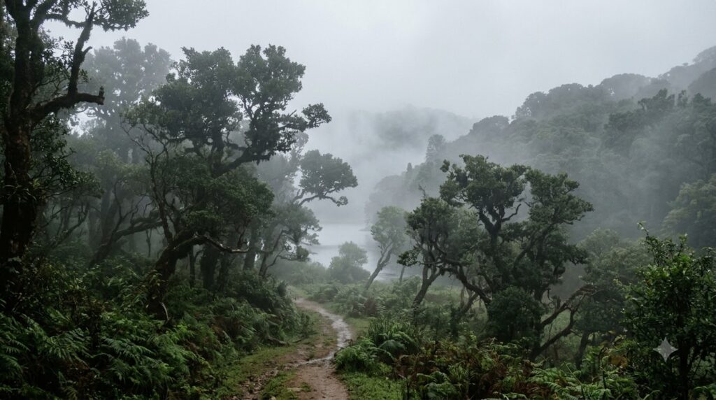 Mist-covered shola trees at Mathikettan Solai near Berijam Lake, Kodaikanal