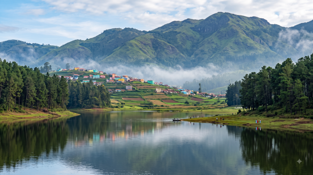 Poondi Lake surrounded by grassland hills near Kodaikanal